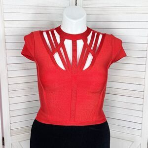 Bebe Cutouts Cage‎ Bodycon Bandage Top Cap Sleeve Cherry Red Large